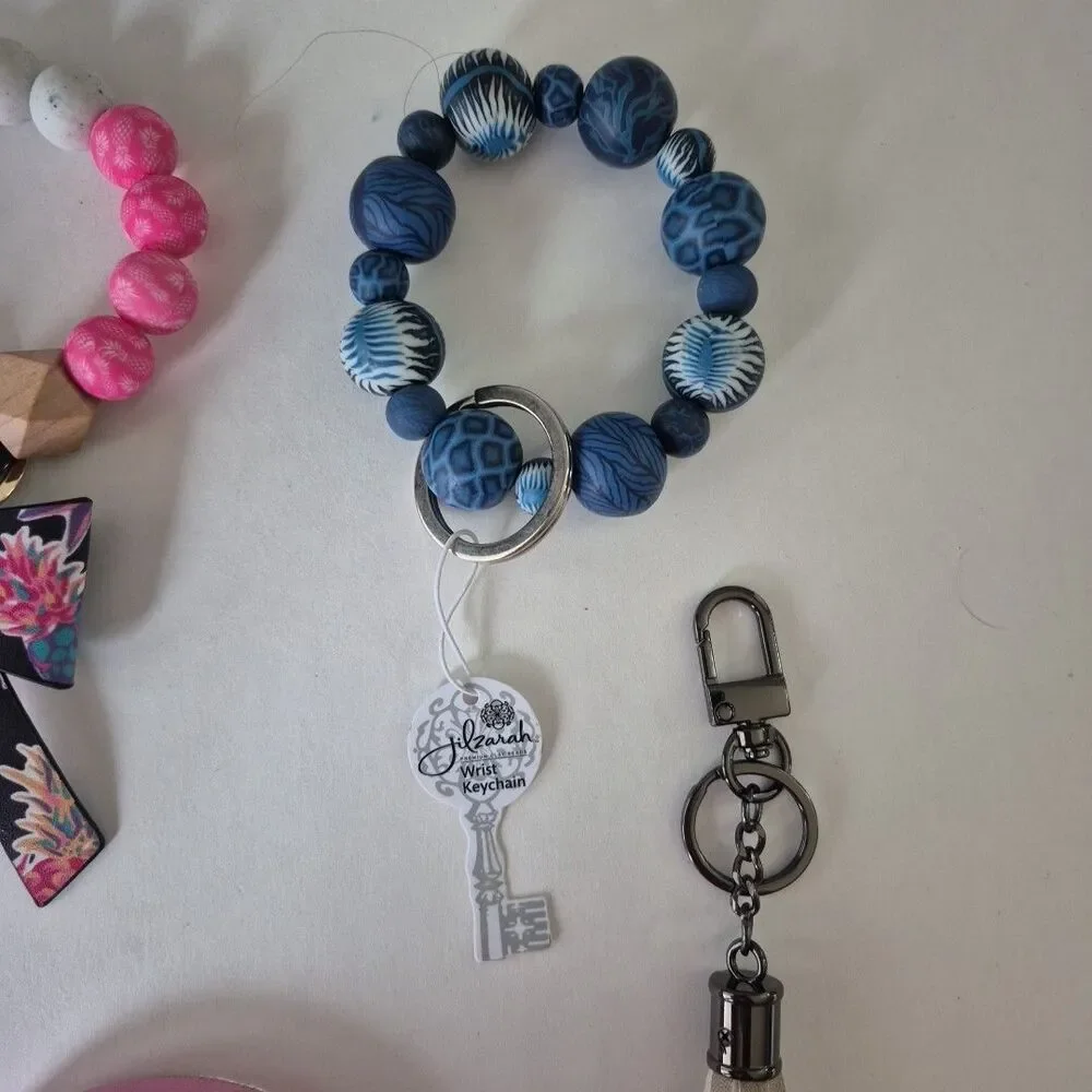 Lot Of 10 Silicone Beaded Tassel Charms Bangle Wristlet Key Chains ID Holder